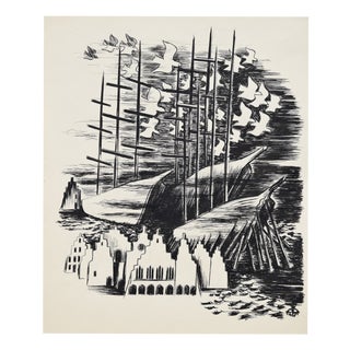Egbert Bruckner, The Town by the Sea, 1947, Ink on Paper For Sale