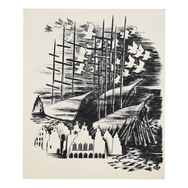 Egbert Bruckner, The Town by the Sea, 1947, Ink on Paper For Sale