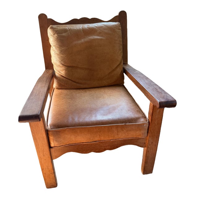 Exceptional and uncommon vintage Southwestern Lodge-Style Mission Oak Arm Chairs, offered as a matching pair. Expertly...