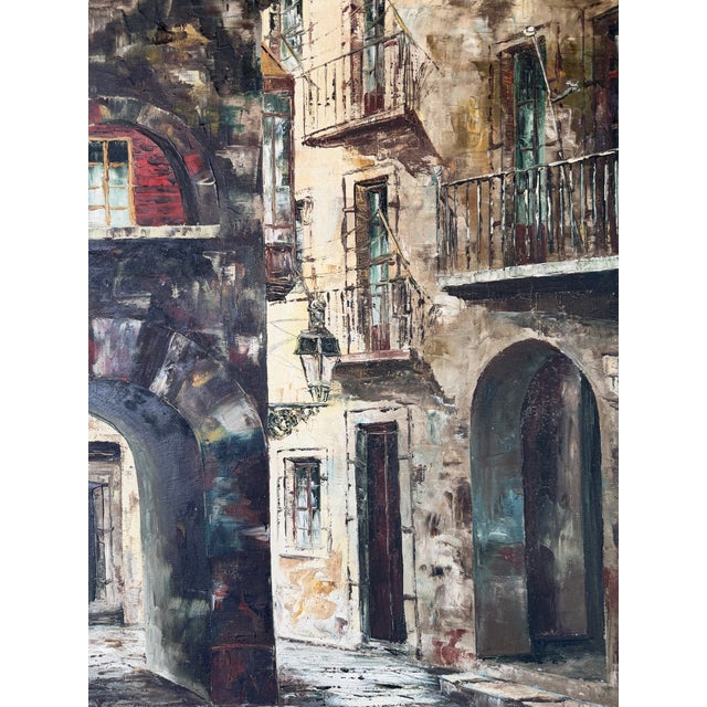 Vintage Rustic European Street Scene Oil Painting on Canvas – Framed For Sale - Image 10 of 13