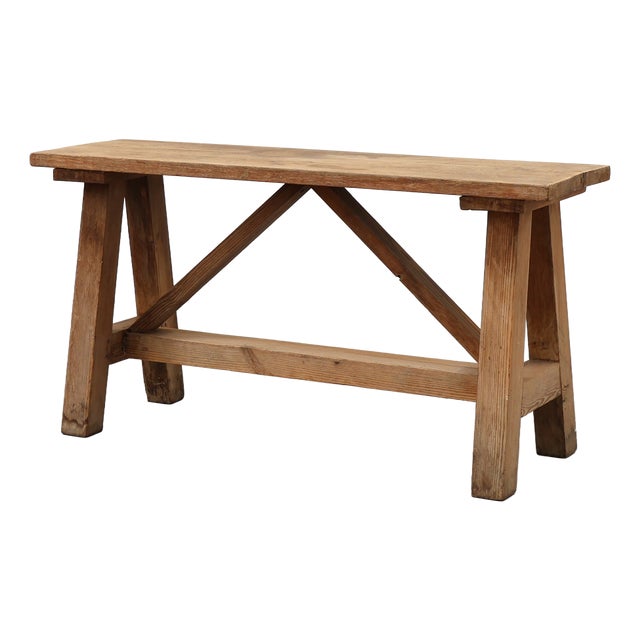 French Rustic Oak Trestle Bench, 1890s For Sale