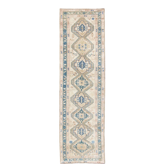 Antique Karabagh Caucasian Runner in Teal, Ivory, Cream 3'5 X 12' For Sale