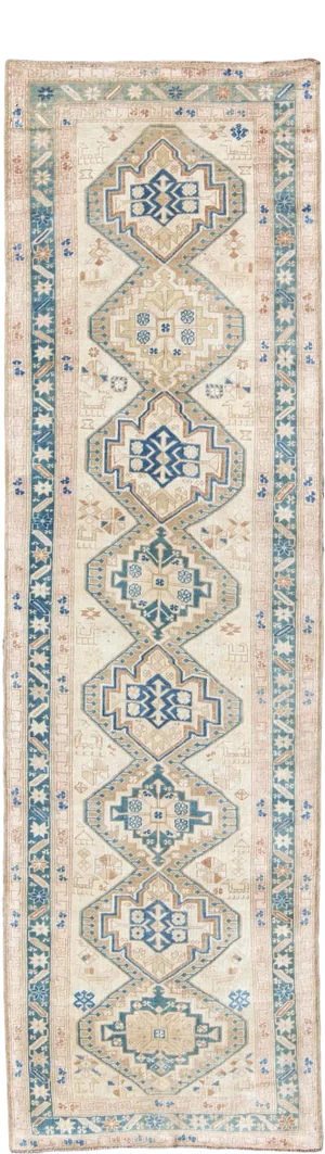 Antique Karabagh Caucasian Runner in Teal, Ivory, Cream 3'5 X 12'