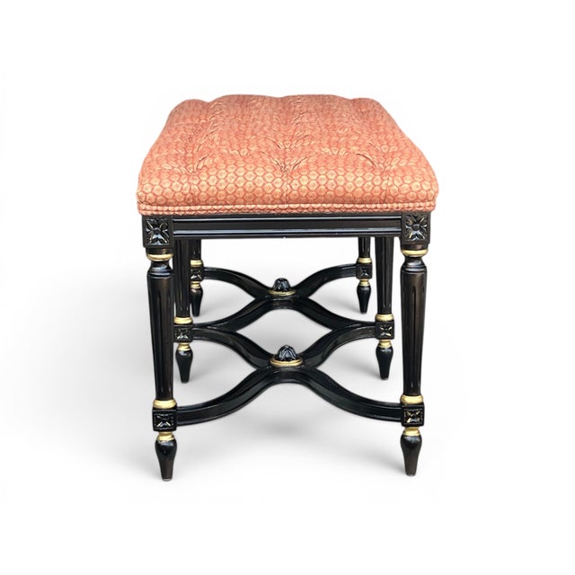 1960s Louis XVI Style Ebonized Bench With Tufted Coral Jacquard Upholstery For Sale In Los Angeles - Image 6 of 10