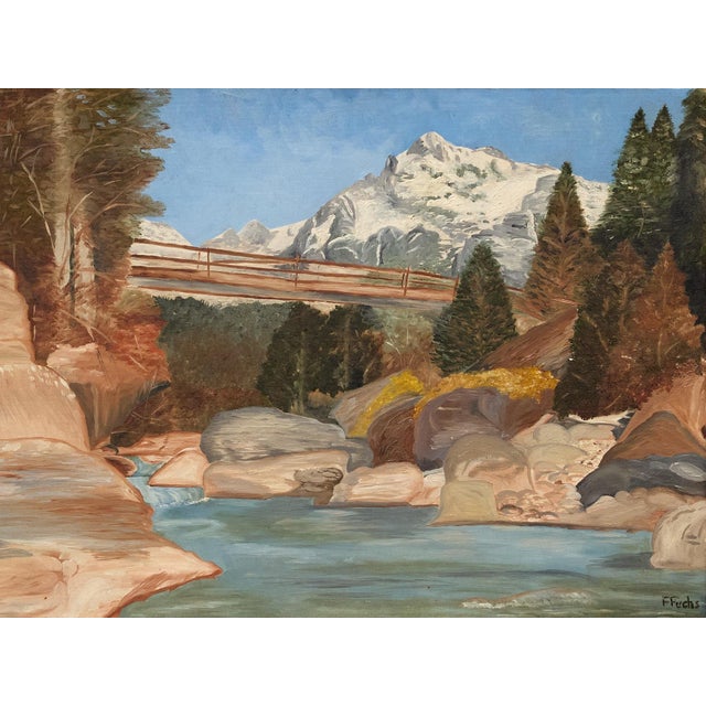 Vintage Mountain River Landscape Painting With Bridge For Sale - Image 4 of 8
