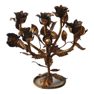 Mid-Century Vintage Italian Tole Gilt Metal Rose 6 Arm Candlestick Holder Candelabra For Sale
