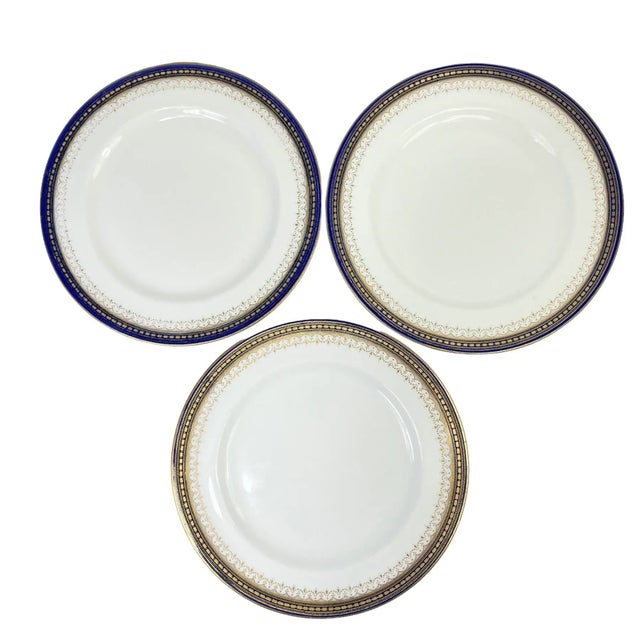 Off-white 1930s English Royal Doulton Cobalt and Gold Border Salad Plates- Set of 3 For Sale - Image 8 of 8