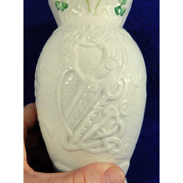 English Vintage Belleek Irish Ivory & Green Shamrock Embossed Vase For Sale - Image 3 of 9
