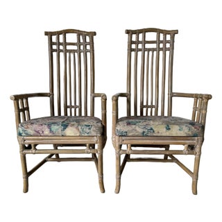 Vintage Coastal Organic Rattan and Leather Arm Dining Chairs – A Pair For Sale