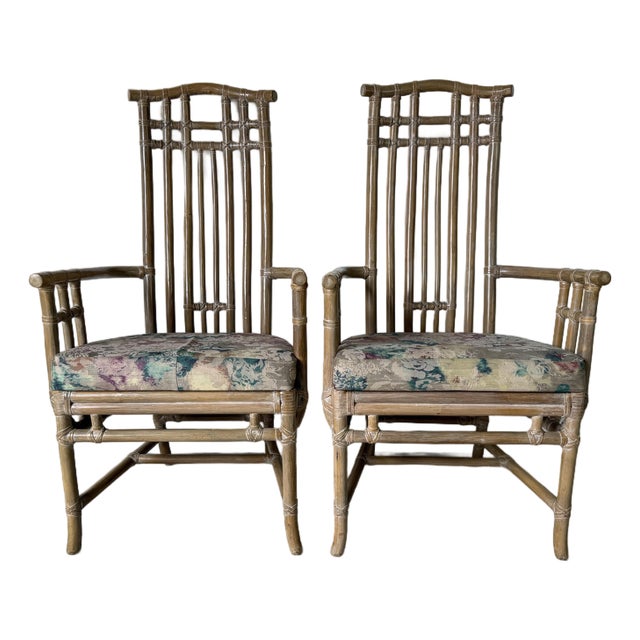 Vintage Coastal Organic Rattan and Leather Arm Dining Chairs – A Pair For Sale