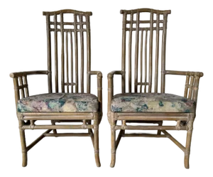 Vintage Coastal Organic Rattan and Leather Arm Dining Chairs – A Pair