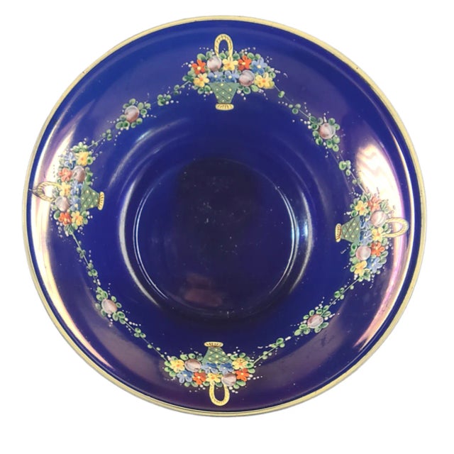 1970s Bohemian Czech Cobalt Blue Hand Painted Enamel Flower Baskets Center Bowl For Sale - Image 10 of 10