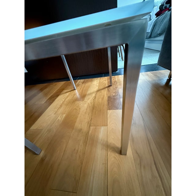 Room & Board Parsons End Table, White Glass Top With Brushed Stainless Steel Legs For Sale In New York - Image 6 of 6