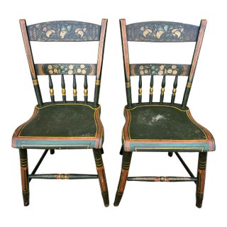 A Pair of Folk Art Paint Decorated Pennsylvania Farmhouse Kitchen Windsor Chairs, Circa 1840's For Sale