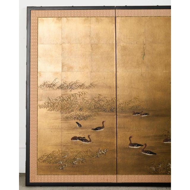 Japanese Japanese Showa Four-Panel Screen Wild Geese Autumn Landscape For Sale - Image 3 of 18