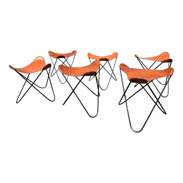 1990s Set of Six Butterfly Stools, Cognac Leather, Bonet, Kurchan & Ferrari-Hardoy For Sale