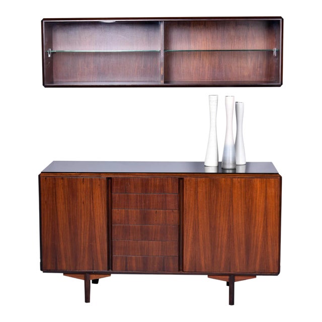 Italian Mid Century Wall Cabinet in Walnut With Glass Doors and Interior Shelves For Sale