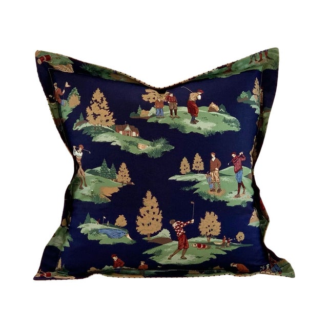 Designer Vicki Payne Free Spirit Printworks Blue Burgundy Green Tan Country Club Golf Toile Pillow Covers- 19" Set of 3 For Sale In Jacksonville, FL - Image 6 of 7