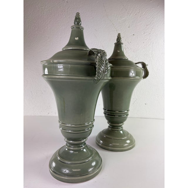 2010s Global Views Italian Sage Green Large Terracotta Urns For Sale - Image 5 of 11