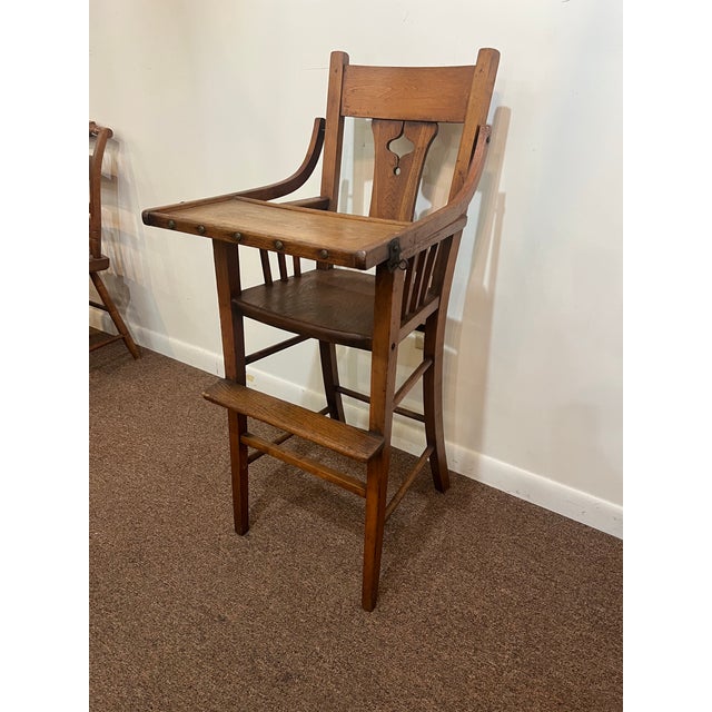 Early American Oak Mission Style Folk Art Wooden High Chair For Sale - Image 9 of 12