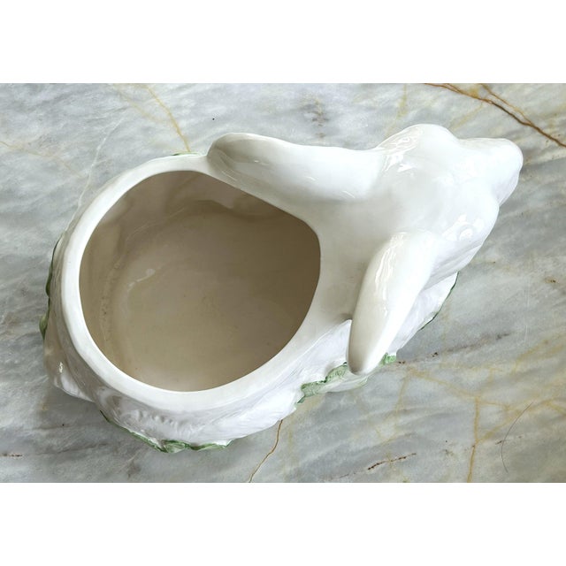 1980s Vintage Hand Painted Bunny Rabbit Planter in Cabbage Leaves For Sale - Image 5 of 12