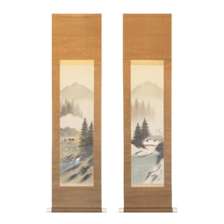 C. 1970s Showa Era Japanese Silk Landscape Scrolls - A Pair For Sale