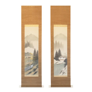 C. 1970s Showa Era Japanese Silk Landscape Scrolls - A Pair