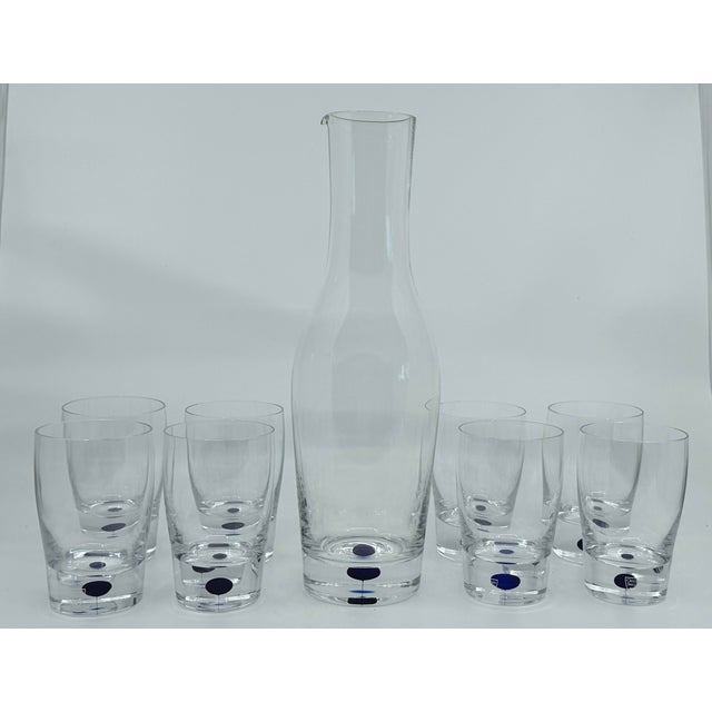 Contemporary Blue Dot Intermezzo Orrefors Crystal Carafe and 8 Drinks Glasses For Sale - Image 3 of 6