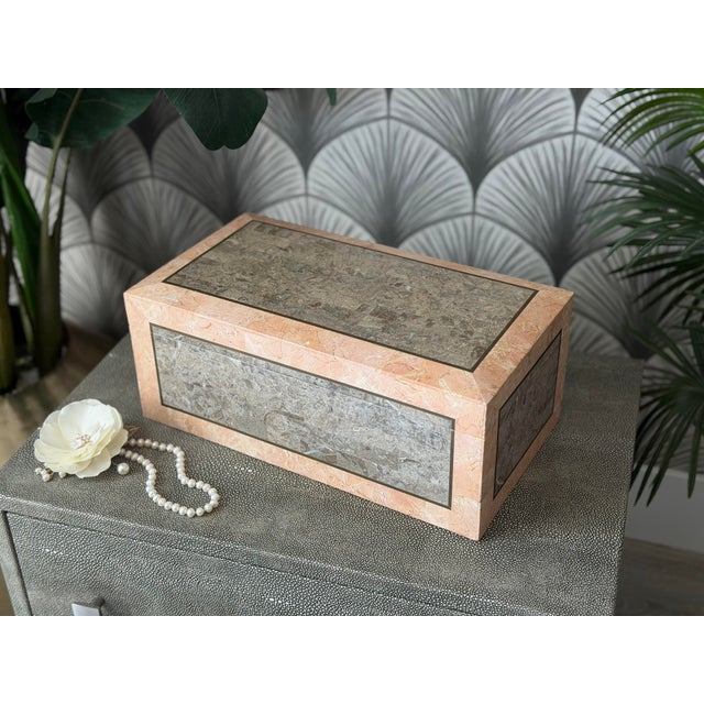 Vintage Mid-Century Modern Postmodern Tessellated Marble Mactan Stone and Brass Jewelry Trinket Lidded Box with Velvet...