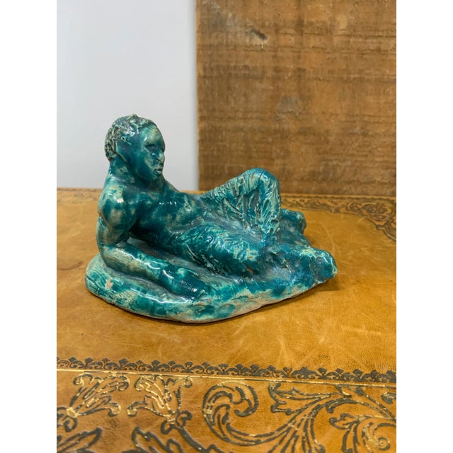 Pair of Signed 1932 Ceramic Glazed Faun Sculptures For Sale - Image 4 of 12