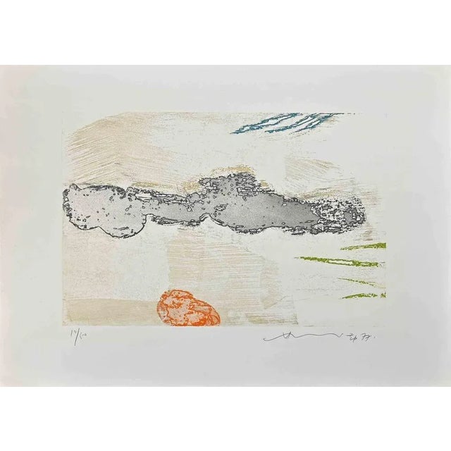 Abstract composition is a colored etching realized by Hsiao Chin in 1977. The artwork is hand-signed and dated in pencil...