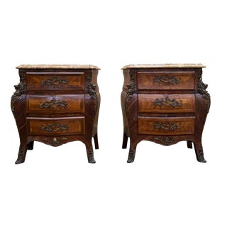 Small Louis XV Style Marquetry and Marble Bombé Chests of Drawers, 1950s, Set of 2 For Sale