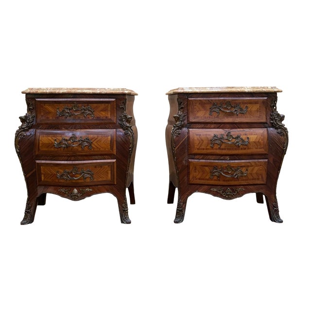 Small Louis XV Style Marquetry and Marble Bombé Chests of Drawers, 1950s, Set of 2 For Sale