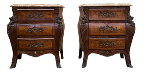 Small Louis XV Style Marquetry and Marble Bombé Chests of Drawers, 1950s, Set of 2