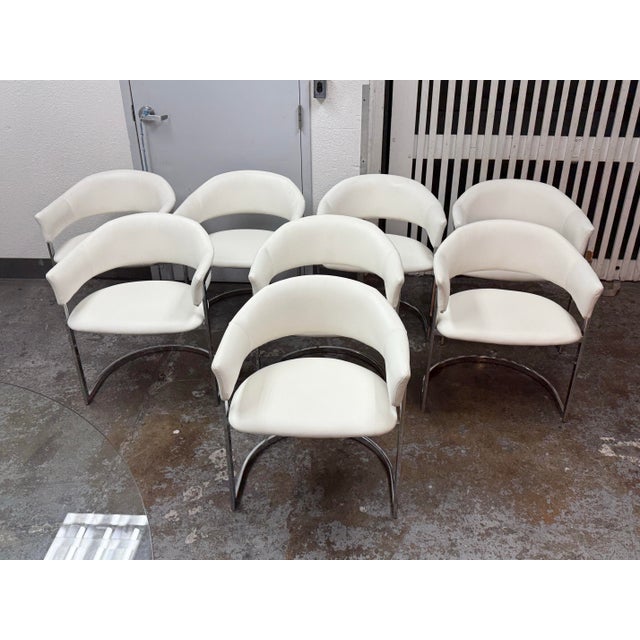 Contemporary Glass Dining Table + Eight White Leatherette Dining Chairs, Set of Nine For Sale - Image 9 of 12