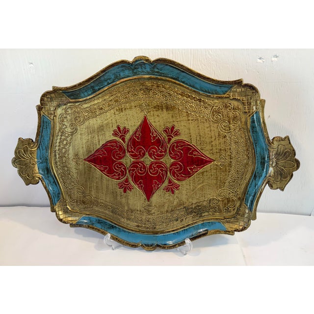 Beautiful blue and red Italian serving tray with a heart motif
