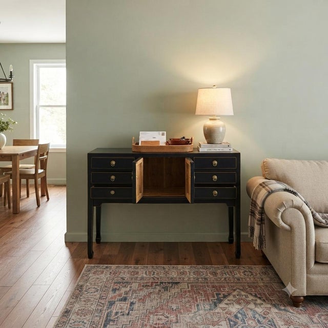 47" Black Wood Grain Pattern 6 Drawers Console Side Altar Table For Sale In San Francisco - Image 6 of 12