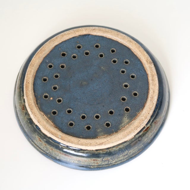 Signed Studio Pottery Ceramic Colander Dish in Mottled Blue Glaze For Sale - Image 15 of 15