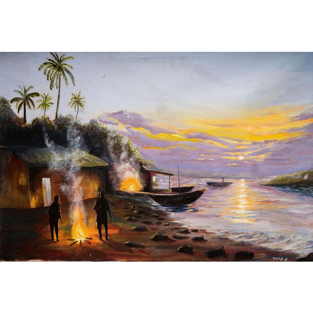 Evening by the Fire, Unique Contemporary Painting by Temitayo Oketola (2025) , Oil on Canvas For Sale