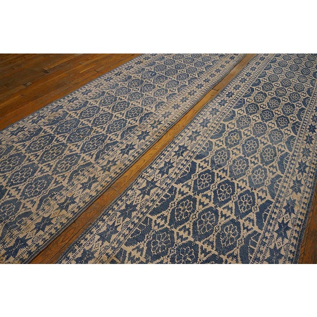 1900s White Blue Diamond Antique Agra Cotton Pair Rug 3'0" X 25'5" Hand Knotted Cotton Carpet For Sale - Image 4 of 7