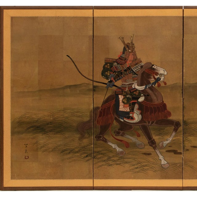 C. 1950-1960s Shōwa Era Japanese Byobu Screen "Samurai", depicting landscape with two warriors on horses. Signed by...