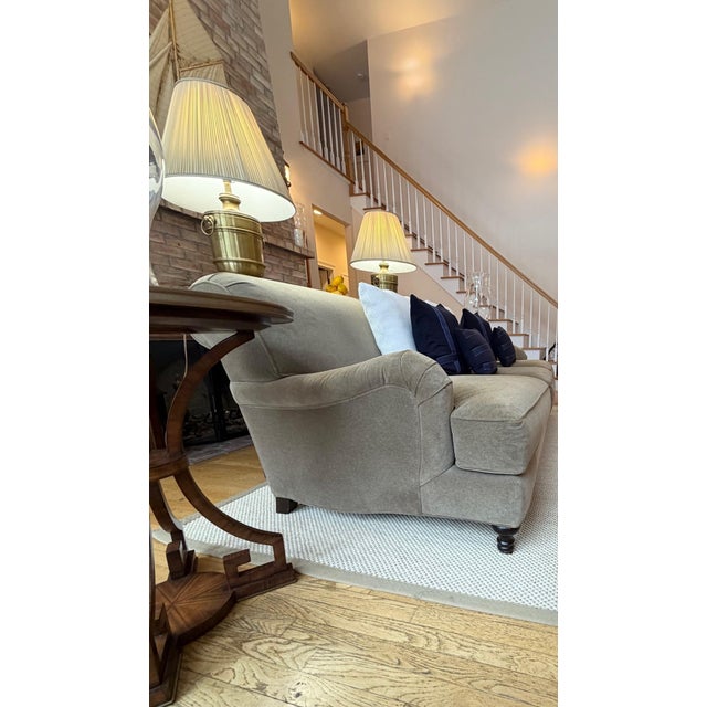 Taupe Custom Classic Roll Arm 3 Seat Sofa Upholstered in Velvet by Restoration Hardware, Attributed to George Smith For Sale - Image 8 of 18