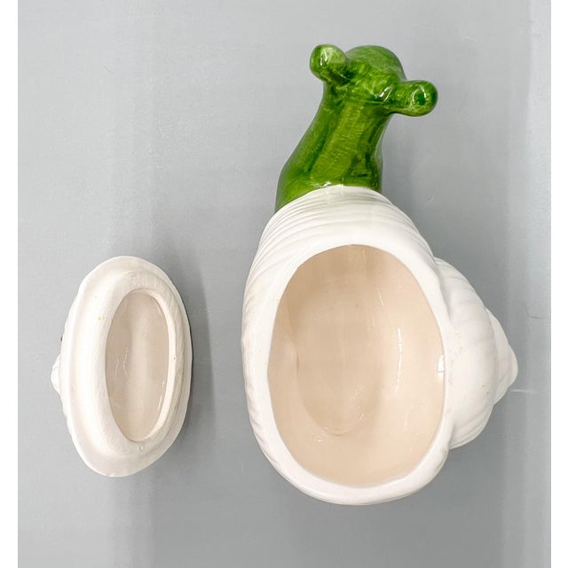 Green 1970's Fitz and Floyd Ceramic Snail Trinket Dish – Lidded Jar With Green and White Glaze For Sale - Image 8 of 10