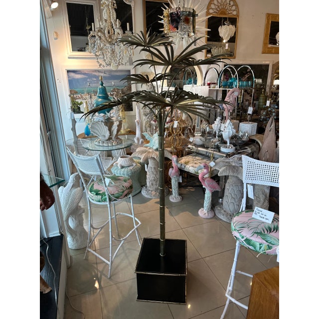 Hollywood Regency Vintage Brass Gold Italian Tole Metal Palm Tree Pot Statue Faux Bamboo Plant For Sale - Image 3 of 12