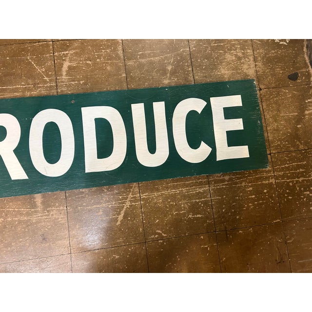 Vintage large wooden green and white painted Farm Produce sign, with existing 2 drilled holes for hanging. Sourced from a...