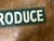 Vintage large wooden green and white painted Farm Produce sign, with existing 2 drilled holes for hanging. Sourced from a...