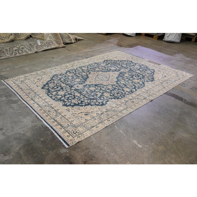 Vintage Persian Handmade Wool Rug in Blue With Rosette Motif For Sale - Image 4 of 10