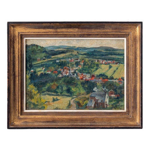 Belgian School, Village View, 1949, Oil Painting on Board For Sale