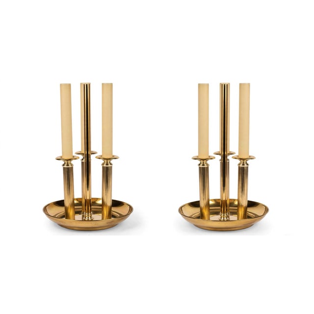 1960s Set of 2 Vintage Brass Bouillotte Pair Table Lamps 3 Arm Candelabra Lamp With Pleated Shades Hollywood Regency For Sale - Image 5 of 12
