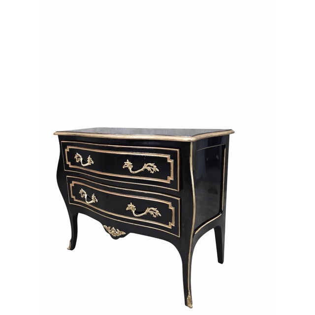 Vintage Louis XV Style Black Lacquer Bombe Commodes by Bodart - Pair For Sale - Image 11 of 12